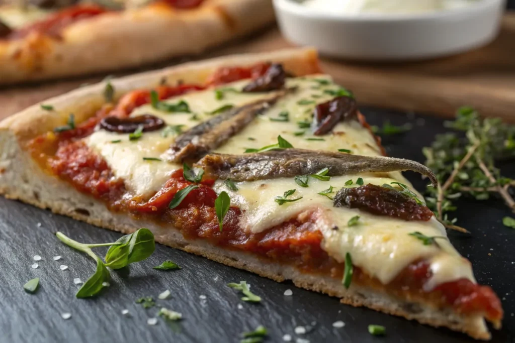 Anchovies on pizza, close-up view of a slice