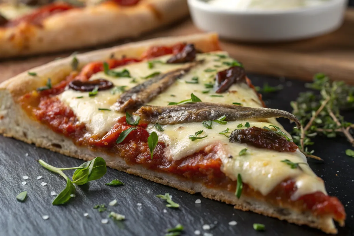 Anchovies on pizza, close-up view of a slice