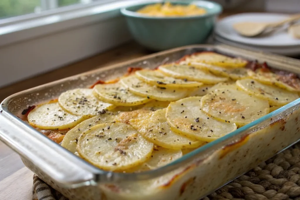 Layering sliced potatoes for potato casserole