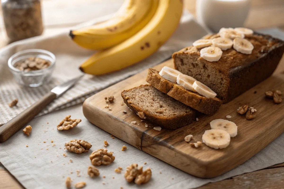 A slice of delicious banana bread with banana slices and walnuts on a cutting board