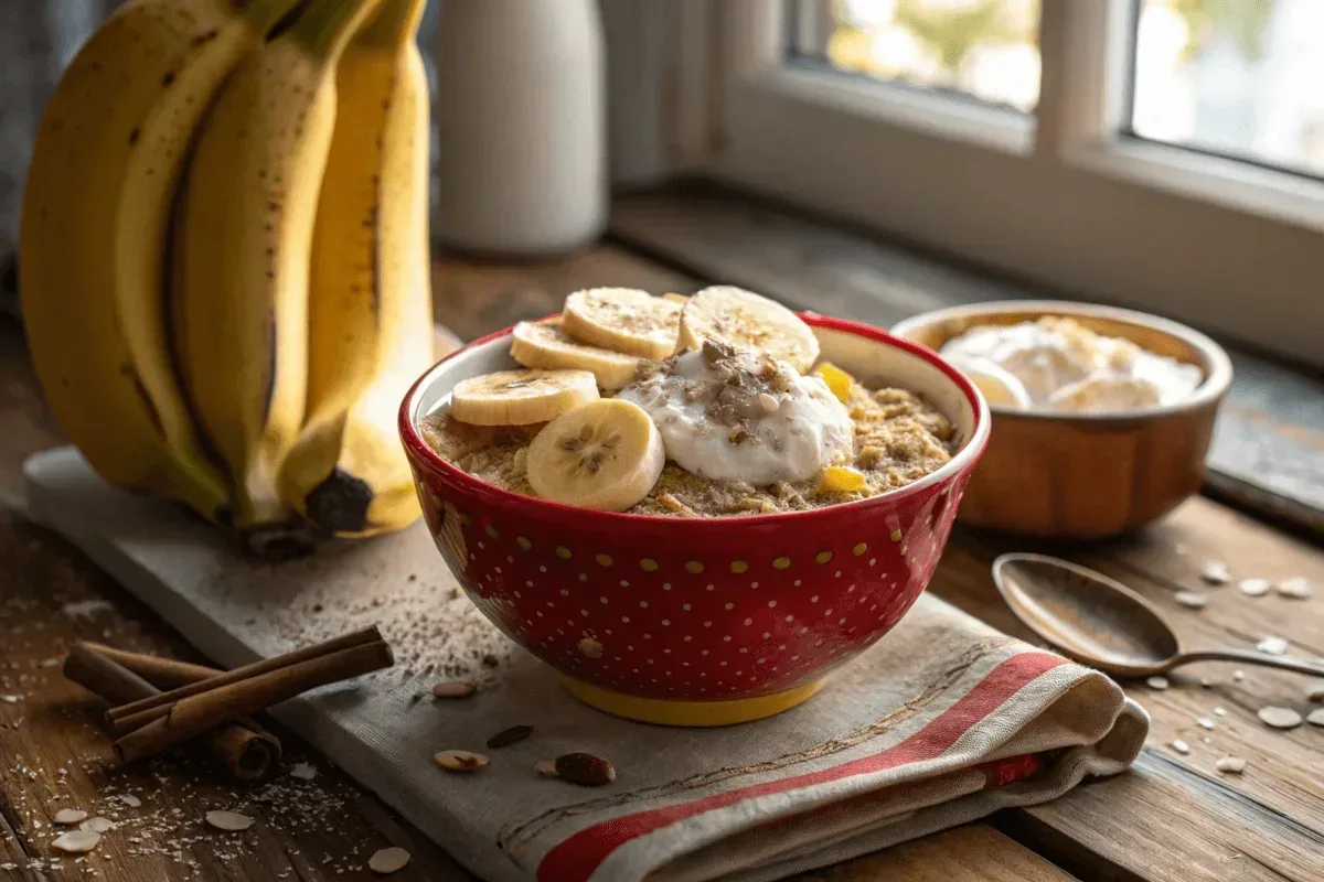 Bowl of bananas and cream oatmeal on a rustic wooden table.