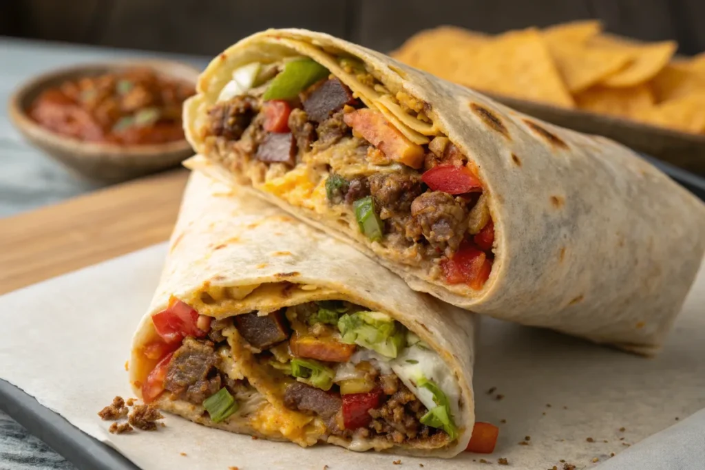 Sliced beefy melt burrito showing the layered ingredients.