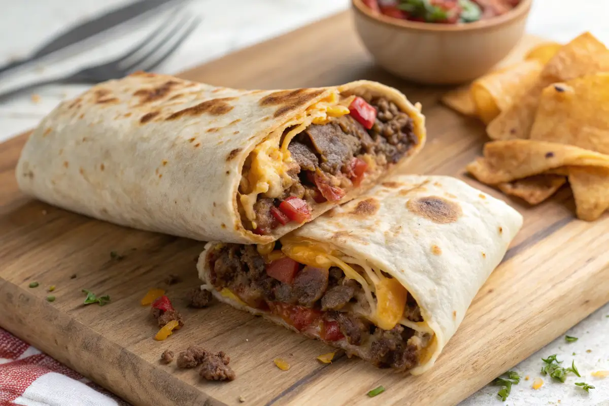 Delicious beefy melt burrito cut in half