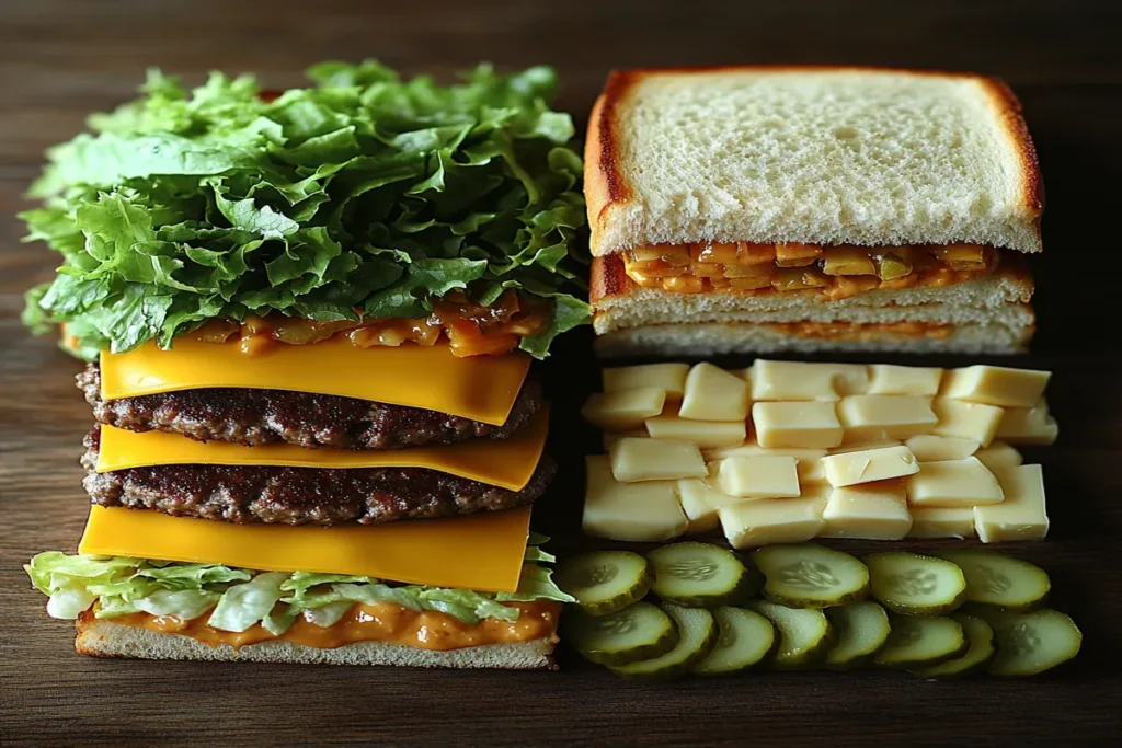 Components of a Big Mac sandwich, with the three-part bun displayed.