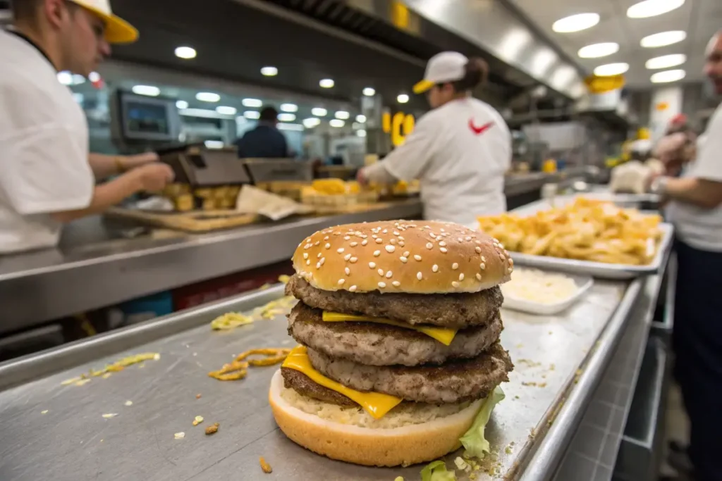 Big Mac photo with the top bun removed, focusing on the middle bun and the beef patties