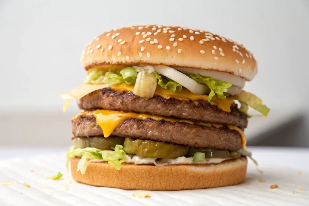 Close-up view of a Big Mac showing all three buns with focus on the middle bun