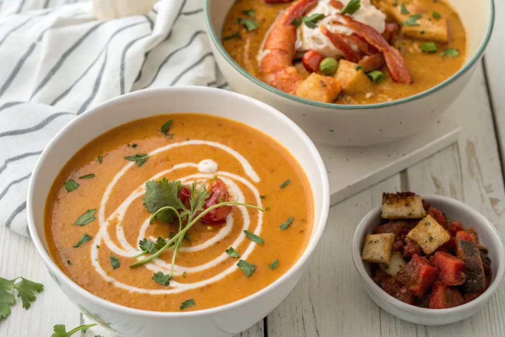 Creamy lobster bisque next to a rustic vegetable soup.