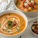 Creamy lobster bisque next to a rustic vegetable soup.