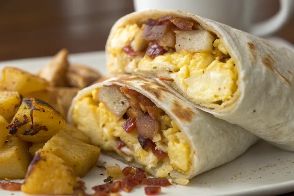 Inside view of a breakfast burrito showing scrambled eggs, bacon, and cheese.