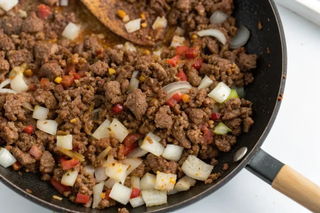 Preparing the ground beef for John Wayne Casserole.