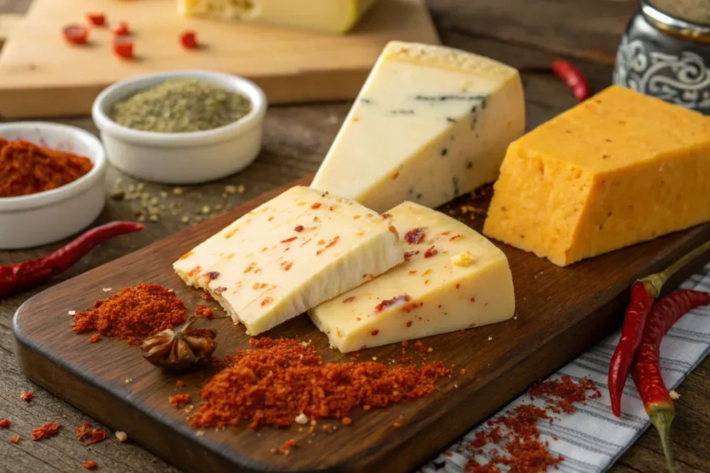 Assortment of cheeses used in Cajun cooking, with spices.