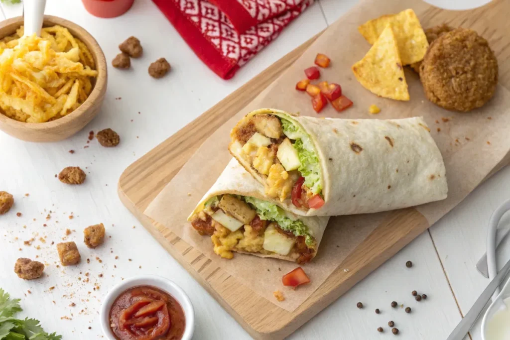 Open Chick-fil-A Breakfast Burrito showing all ingredients