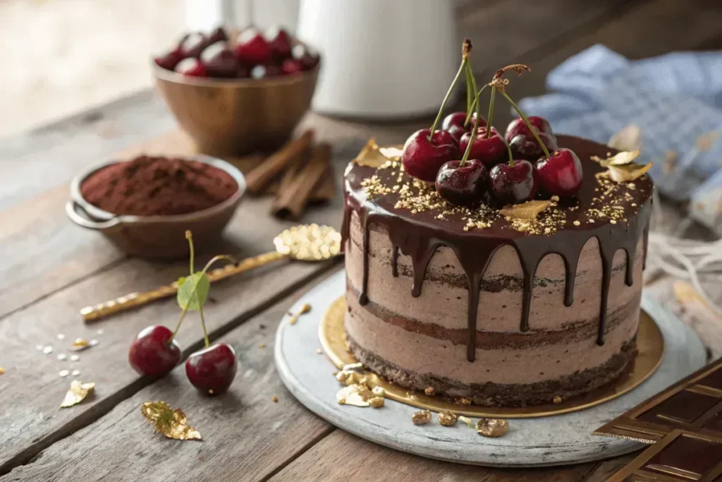 Three-layer chocolate cherry cake with ganache and cherries.