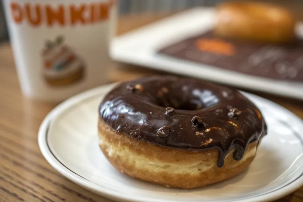 A delicious chocolate glazed donut on a plate, with Dunkin' background.