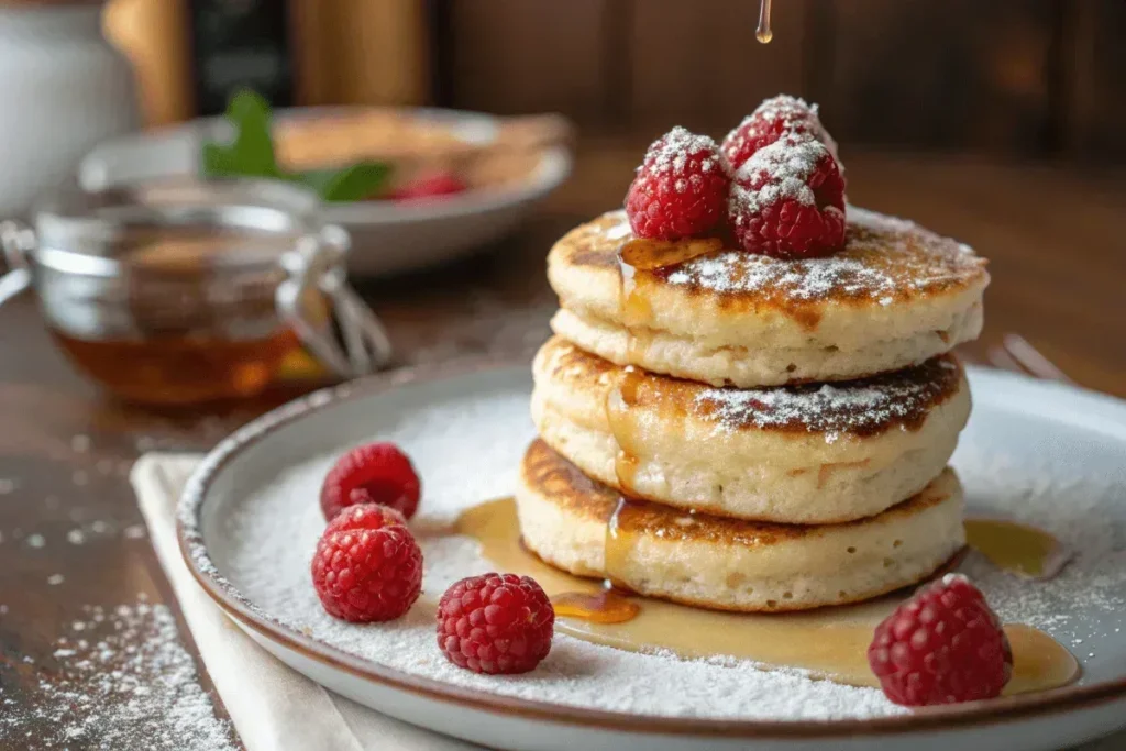 Cottage cheese pancakes with raspberries and syrup