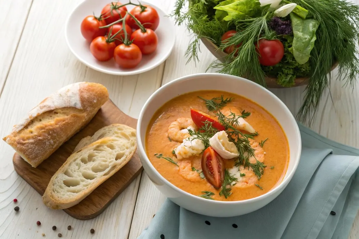 Crab and Shrimp Bisque with Bread and Salad