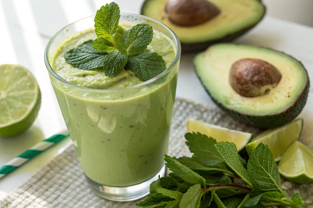 Creamy avocado smoothie in a glass.