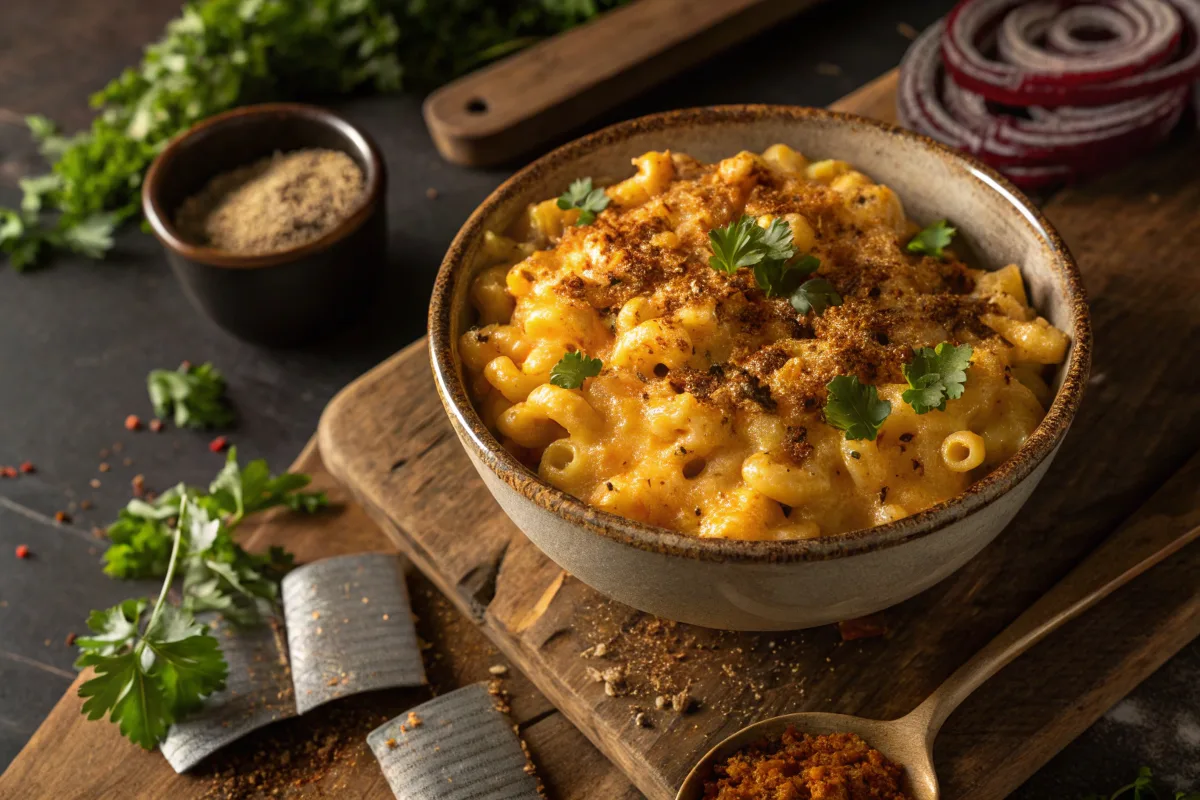 Bowl of spicy Cajun mac and cheese with parsley garnish