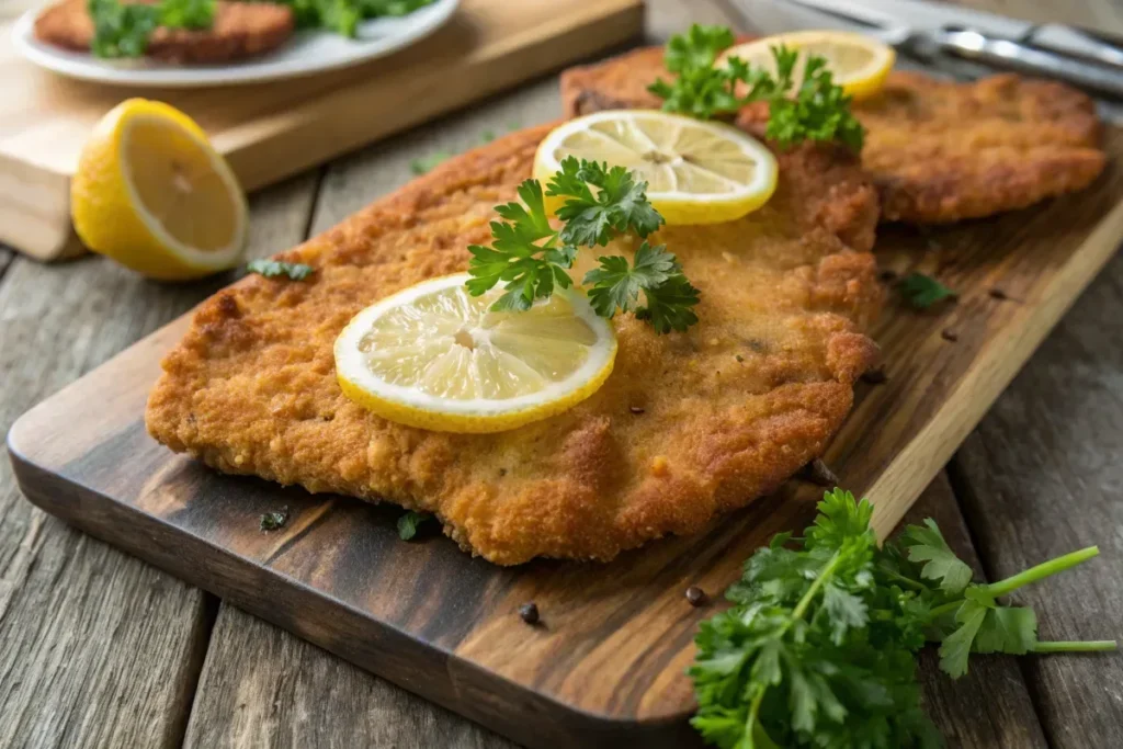 Crispy golden-brown Milanesa garnished with lemon and parsley