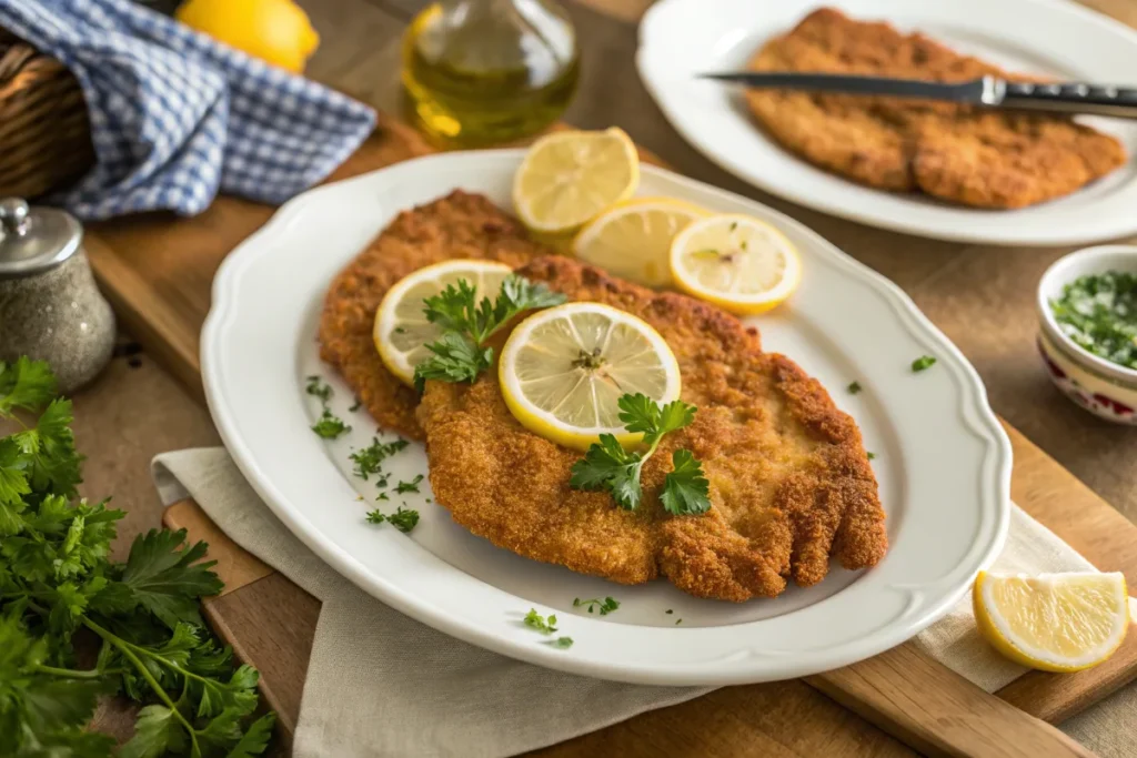 A perfectly cooked Milanesa garnished with lemon and parsley.