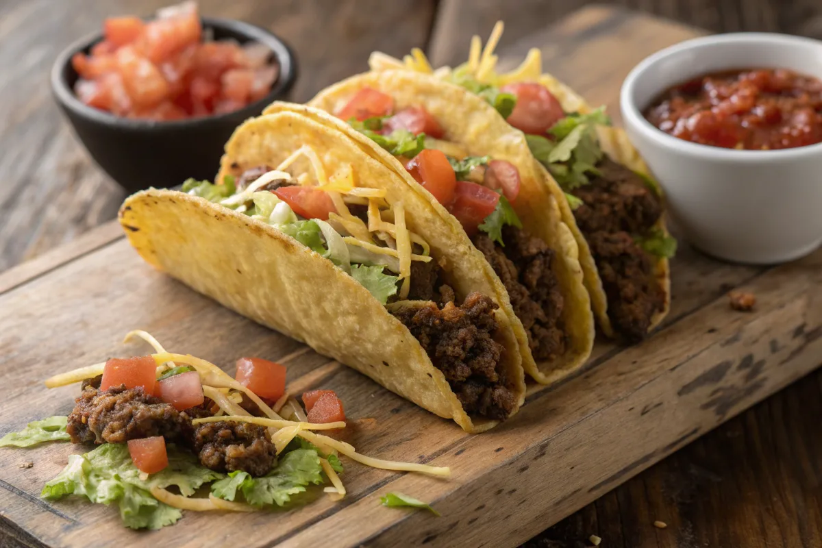 Close-up of delicious fried tacos with beef, lettuce, tomato, and cheese.