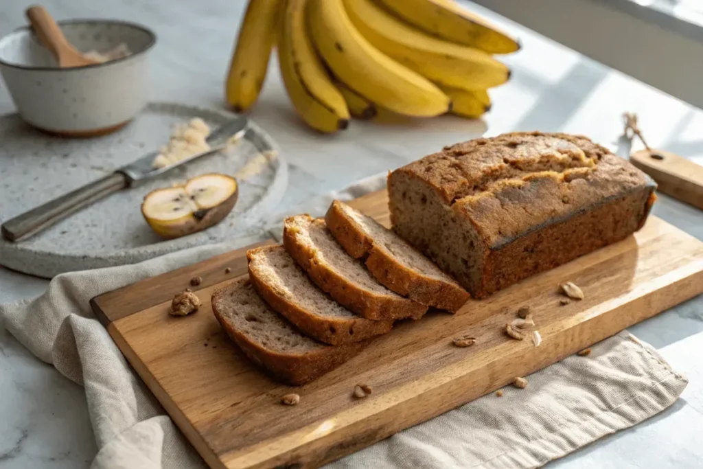 Freshly baked banana bread with slices and ripe bananas.