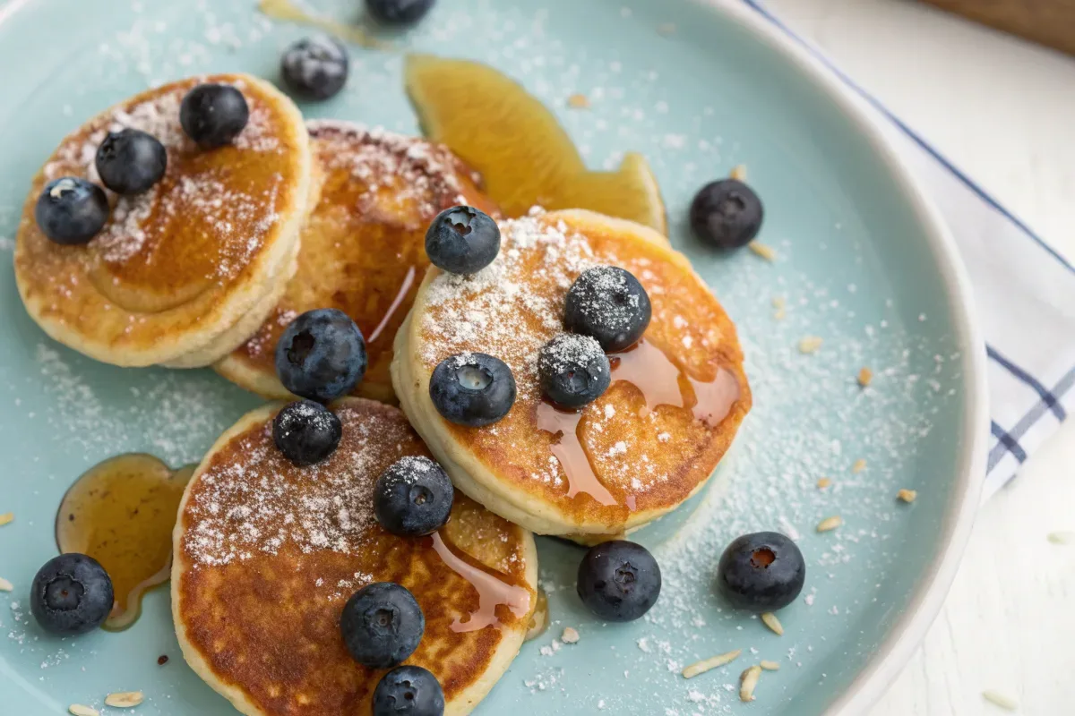 Golden brown mini pancakes with syrup and blueberries.