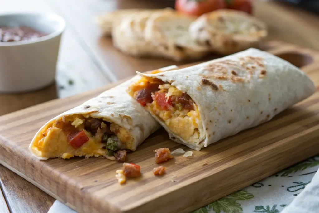 Perfectly textured breakfast burrito with visible fillings on a wooden board.