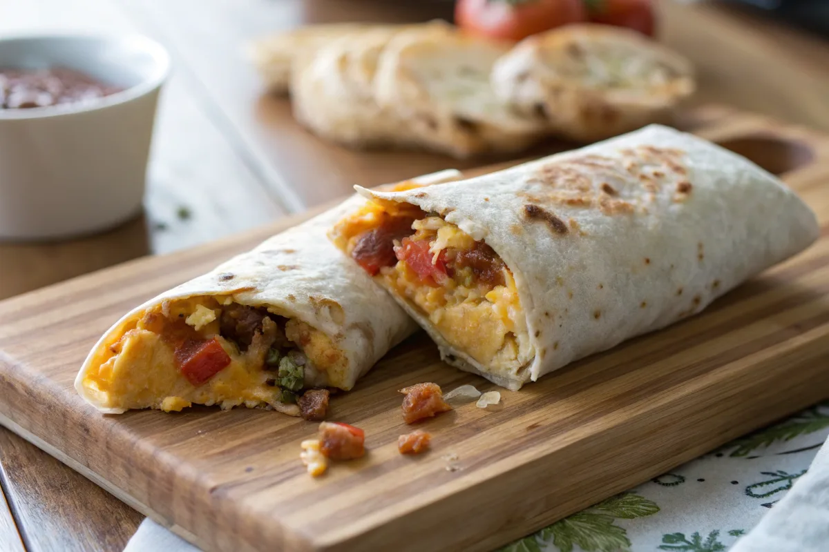 Perfectly textured breakfast burrito with visible fillings on a wooden board.