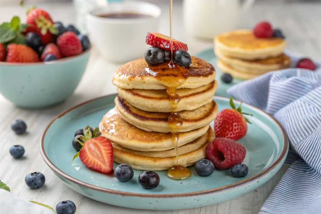 Stack of perfectly cooked Pillsbury mini pancakes with syrup and berries