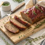 Perfectly browned meatloaf slices on a wooden cutting board.