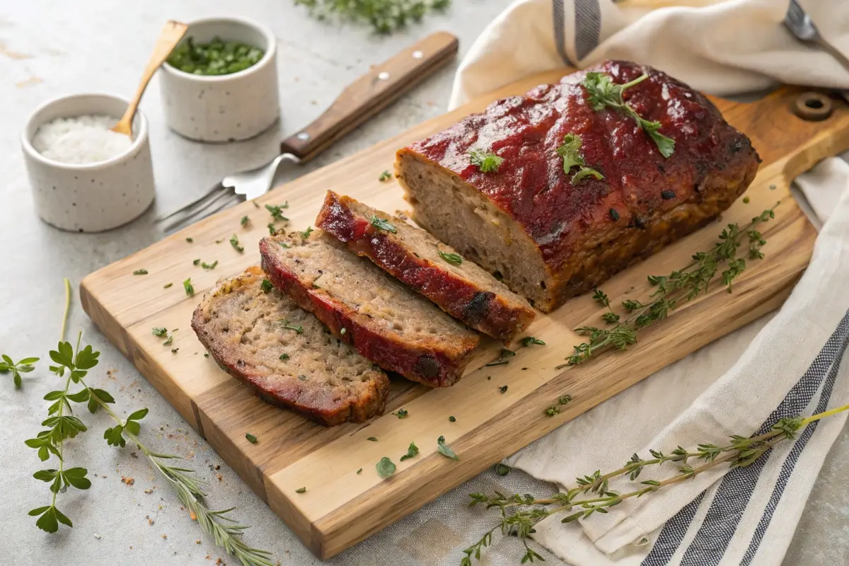 Perfectly browned meatloaf slices on a wooden cutting board.