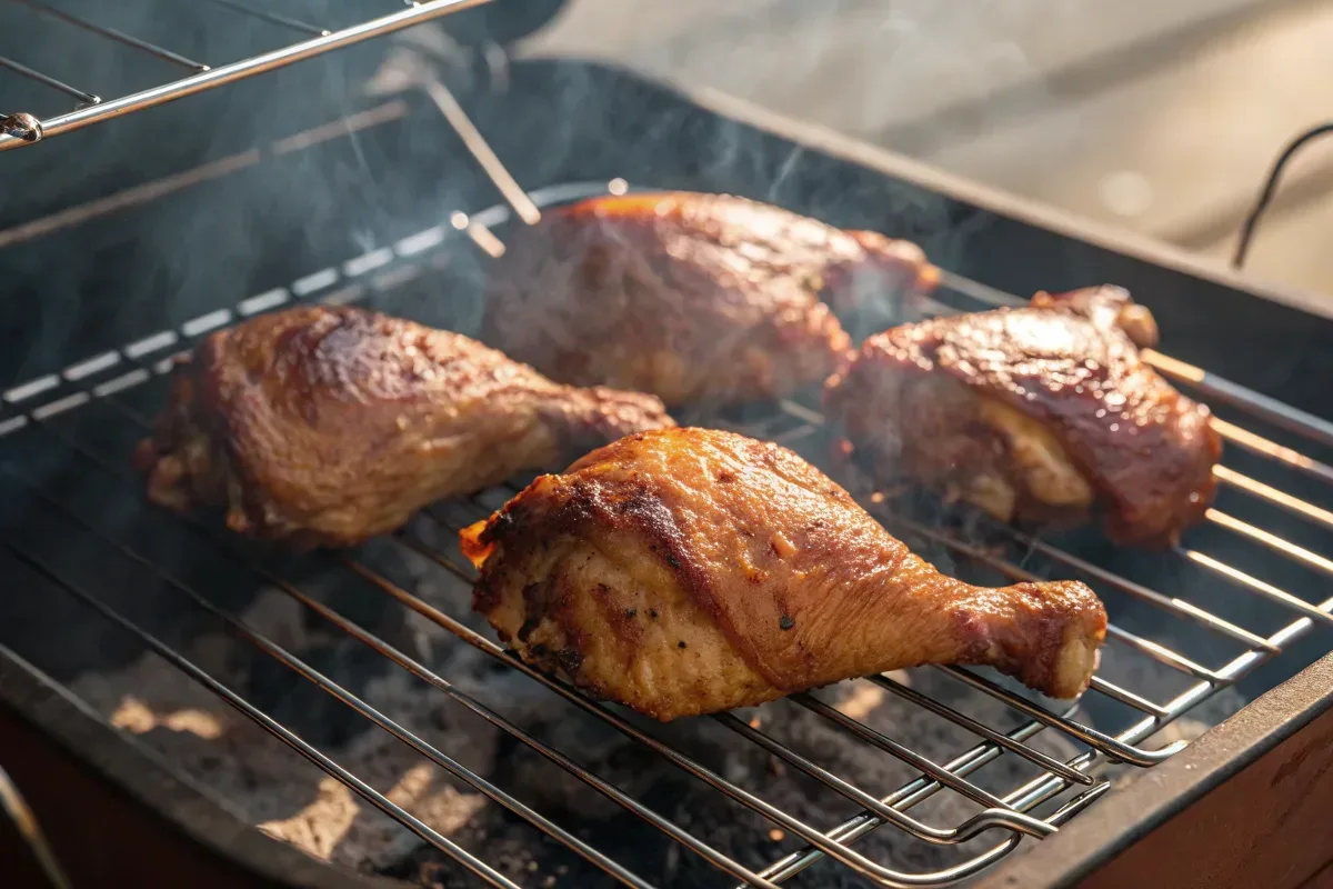 Close-up of golden brown, juicy smoked chicken thighs on a wire rack inside a smoker.