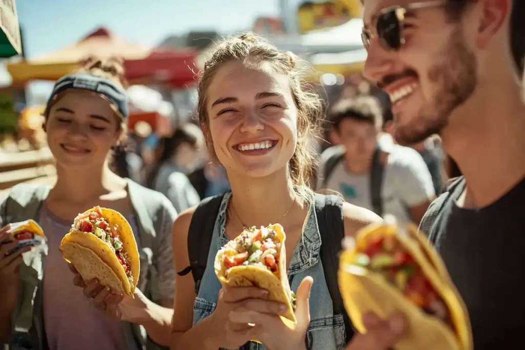  People enjoying walking tacos at an outdoor event.