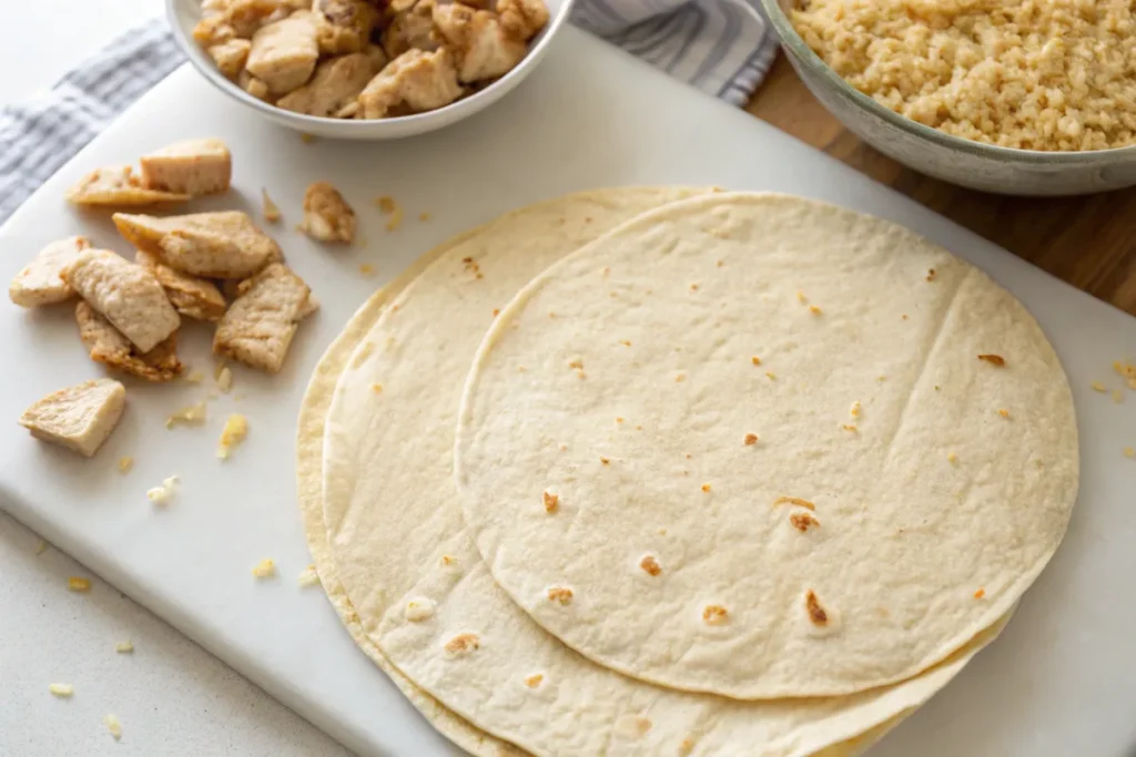 Close-up of a flour tortilla with chicken and rice.