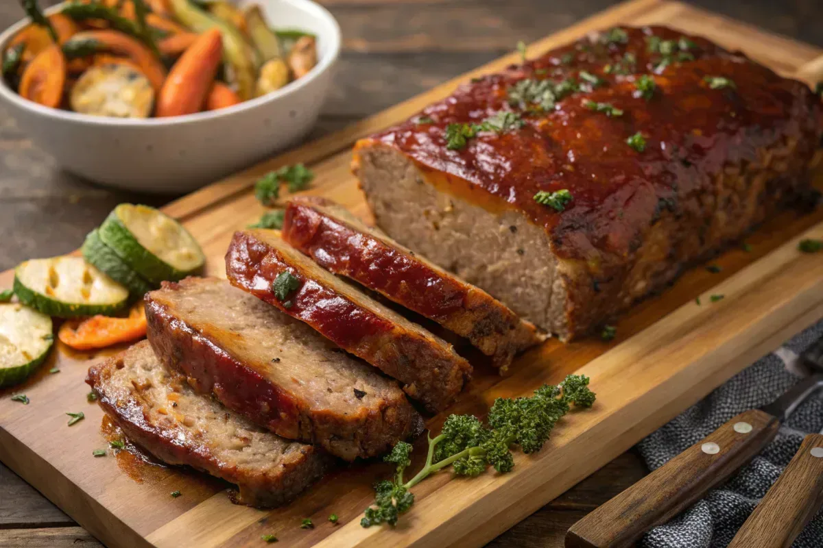 Sliced moist meatloaf with roasted vegetables