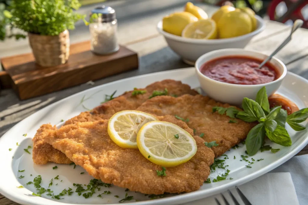 Golden brown fried Milanesa on a white plate with lemon.