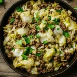 Skillet of cooked ground beef and cabbage