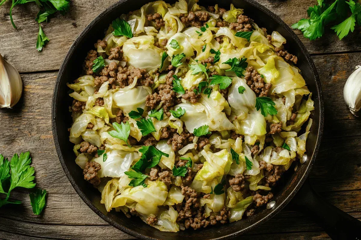 Skillet of cooked ground beef and cabbage