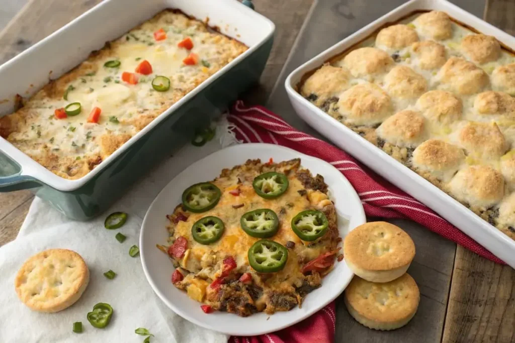 Three variations of John Wayne Casserole: vegetarian, spicy, and healthy.