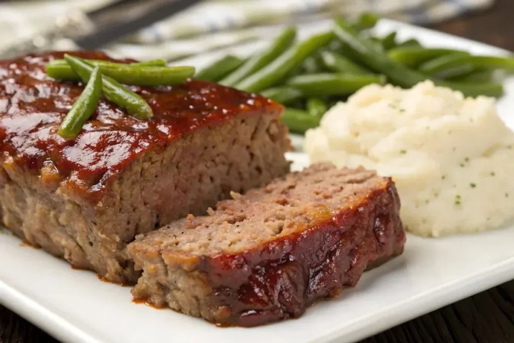 A slice of juicy meatloaf served with mashed potatoes and green beans.