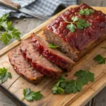 Sliced meatloaf with parsley garnish on a wooden cutting board