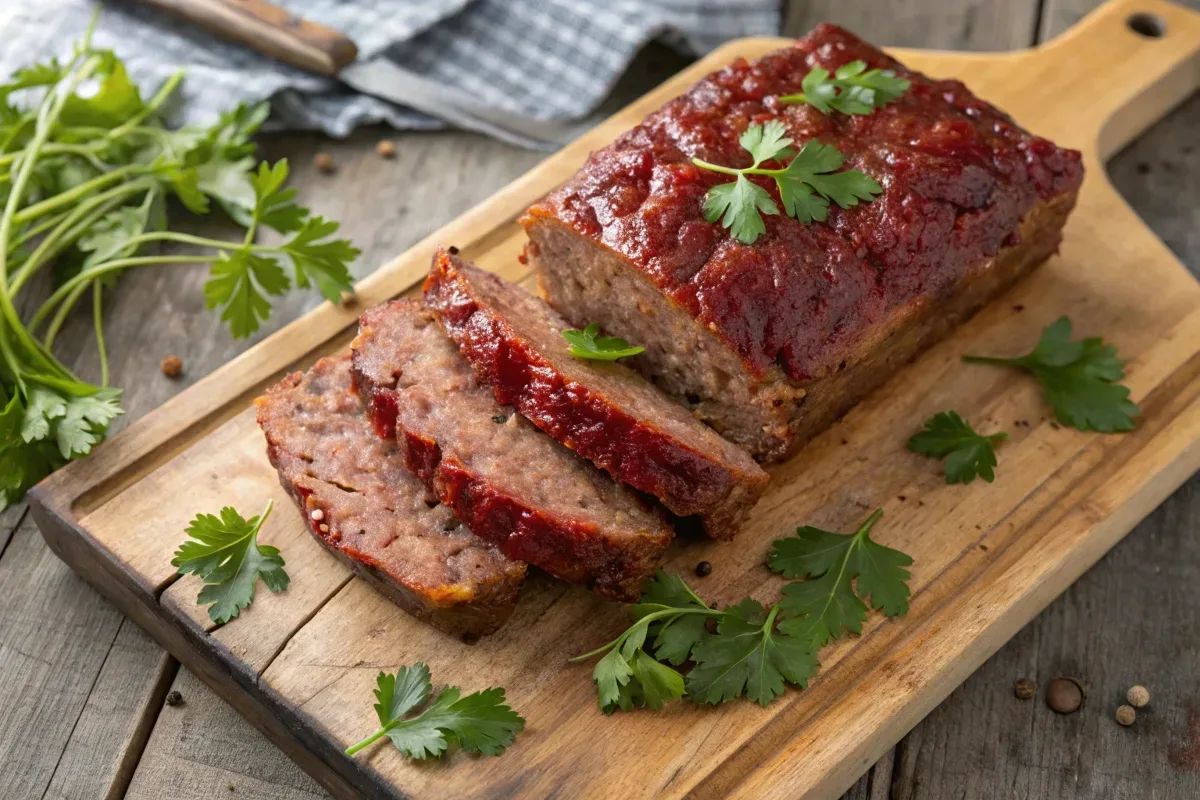 Sliced meatloaf with parsley garnish on a wooden cutting board