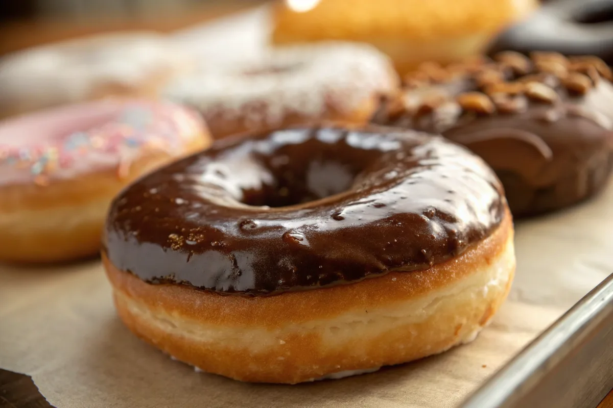 A close-up of a Krispy Kreme chocolate glazed donut.