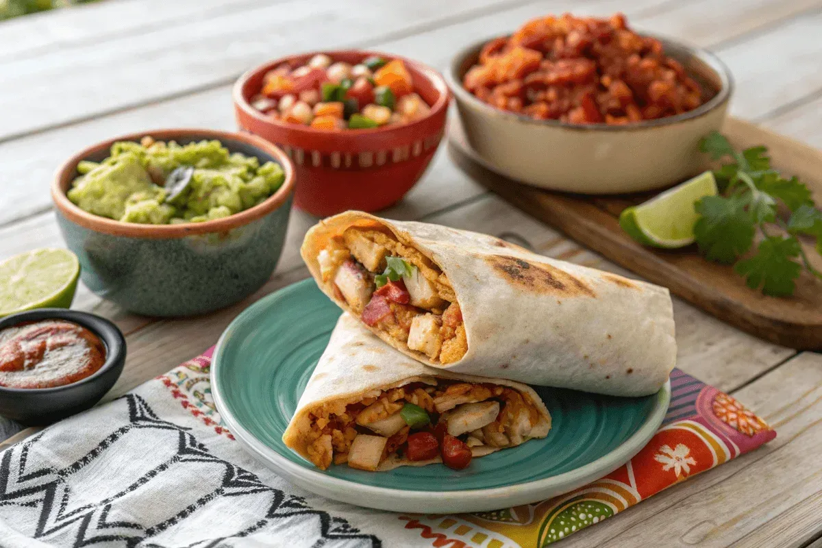 A close-up shot of a sliced open chicken burrito with visible fillings.