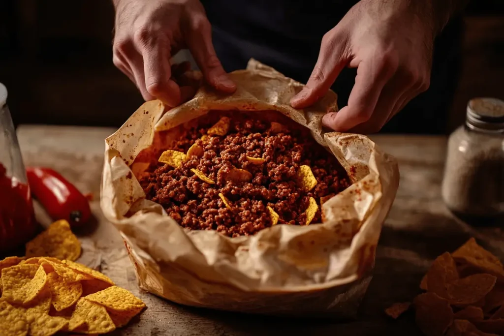 Hands adding ground beef to a Fritos bag for a walking taco.