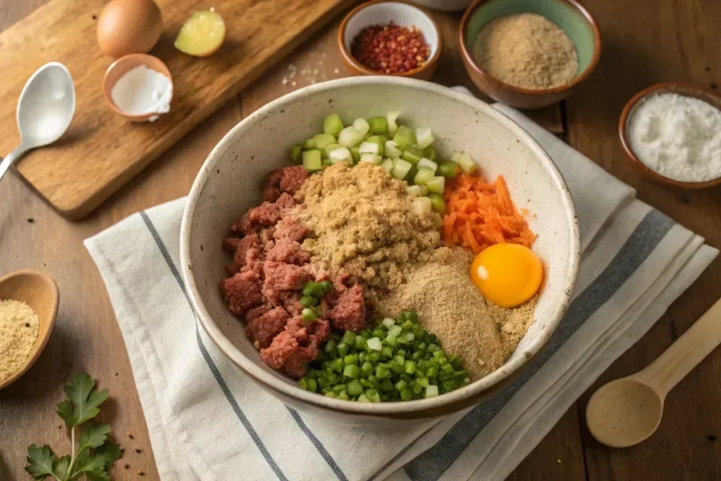  Ingredients for meatloaf, including ground meat, breadcrumbs, and vegetables.