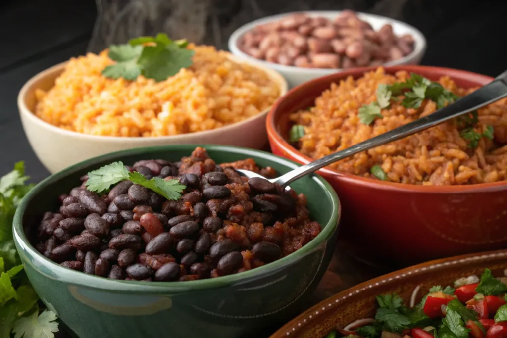 Close-up of Mexican rice and bean varieties.