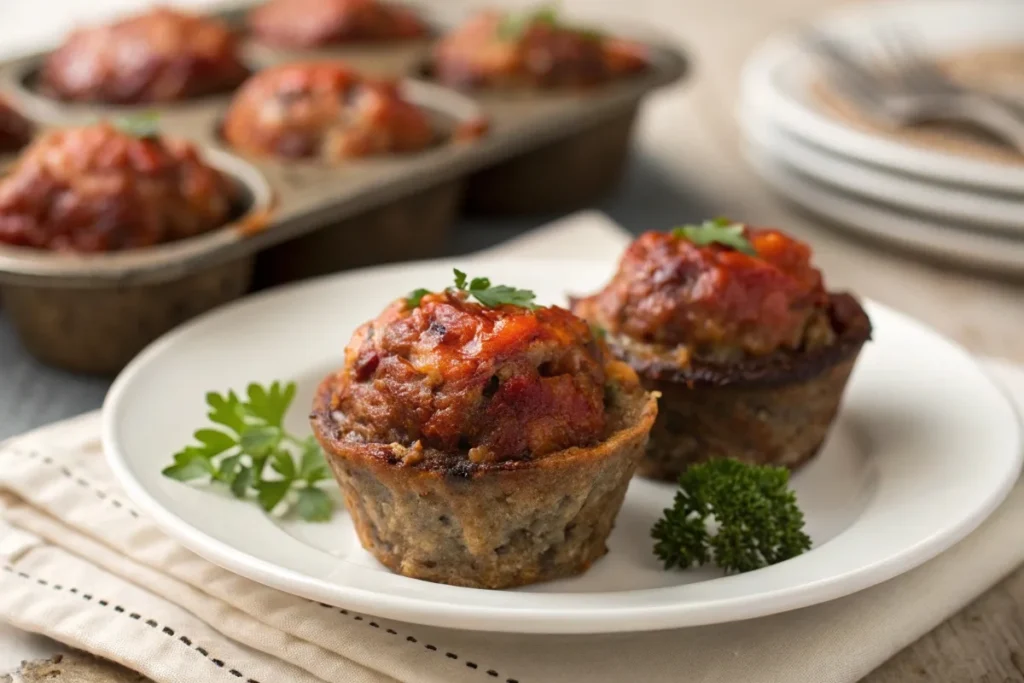 Mini meatloaves in muffin tins on a white plate.