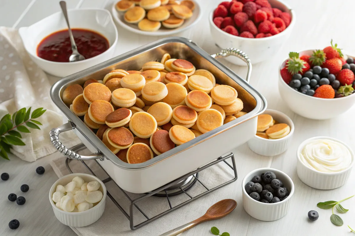 Warm mini pancakes on a buffet table for a party.